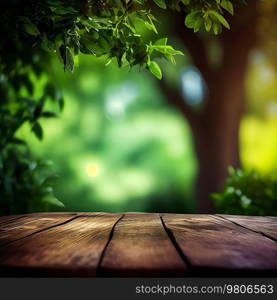 Empty Wooden Boards Table Against Natural Green Background. Illustration AI Generative