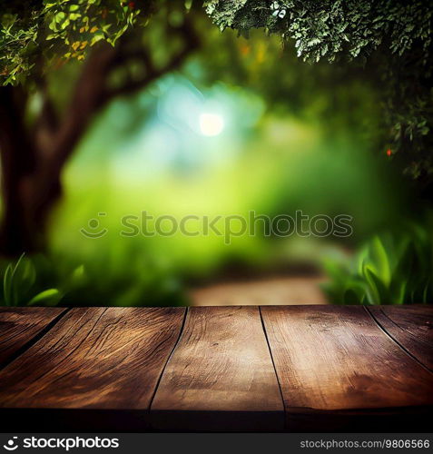 Empty Wooden Boards Table Against Natural Green Background. Illustration AI Generative