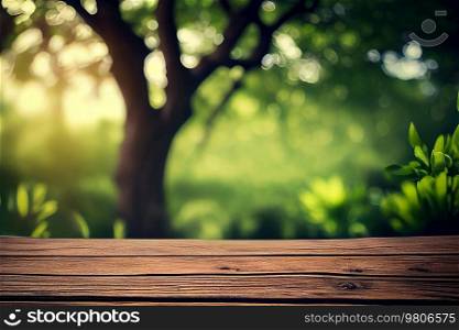 Empty Wooden Boards Table Against Natural Green Background. Illustration AI Generative