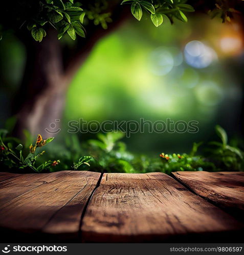 Empty Wooden Boards Table Against Natural Green Background. Illustration AI Generative