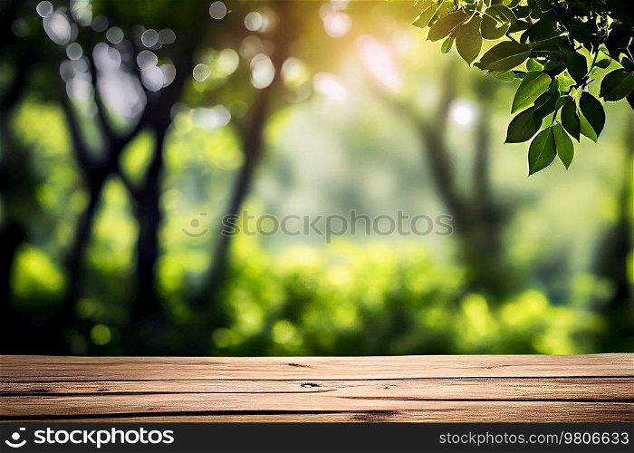 Empty Wooden Boards Table Against Natural Green Background. Illustration AI Generative
