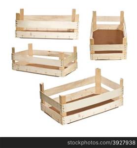Empty wooden crates on white background.