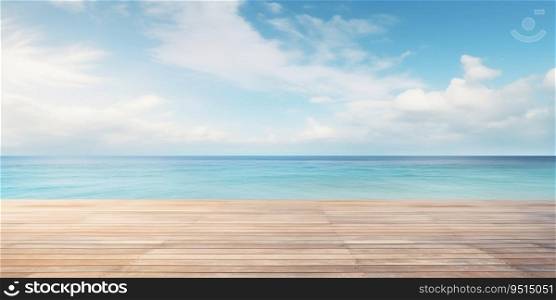 Empty Wooden Deck Flooring with Blue Summer Sky, Clouds, and Turquoise Ocean Sea. Generative ai. High quality illustration. Empty Wooden Deck Flooring with Blue Summer Sky, Clouds, and Turquoise Ocean Sea. Generative ai