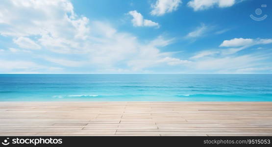 Empty Wooden Deck Flooring with Blue Summer Sky, Clouds, and Turquoise Ocean Sea. Generative ai. High quality illustration. Empty Wooden Deck Flooring with Blue Summer Sky, Clouds, and Turquoise Ocean Sea. Generative ai