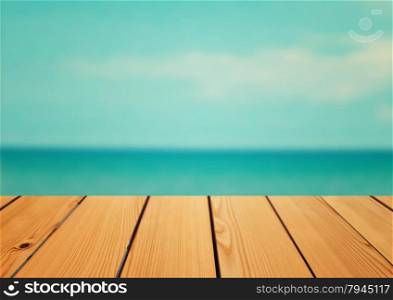 Empty wooden deck table over sea background, Summer concept