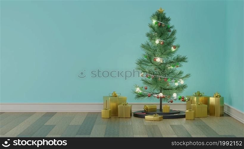 Empty wooden floor room with Christmas tree decorated with ornaments among the present gift boxes to celebrate festive holidays 3D rendering illustration