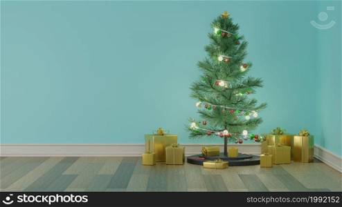 Empty wooden floor room with Christmas tree decorated with ornaments among the present gift boxes to celebrate festive holidays 3D rendering illustration