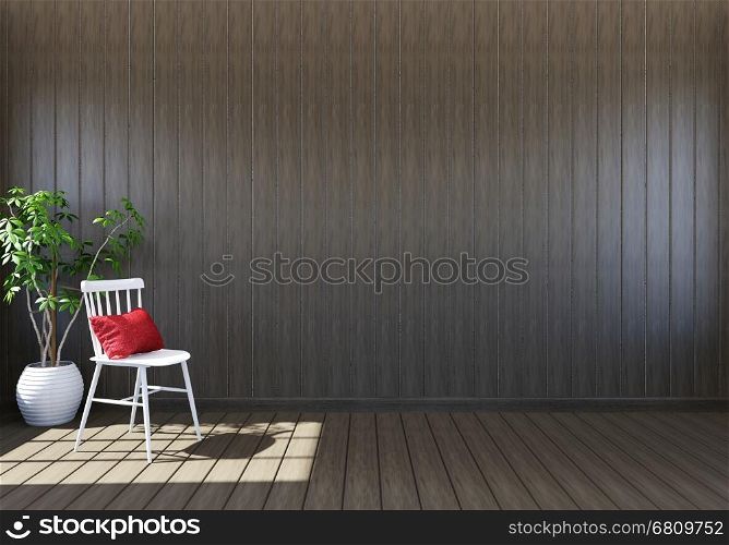 Empty wooden living room interior with living space, white chair and decorative plant, 3D rendering