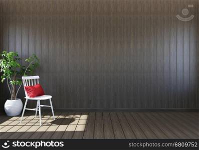 Empty wooden living room interior with living space, white chair and decorative plant, 3D rendering