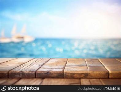 Empty wooden planks with blue sea and yacht background view.AI Generative