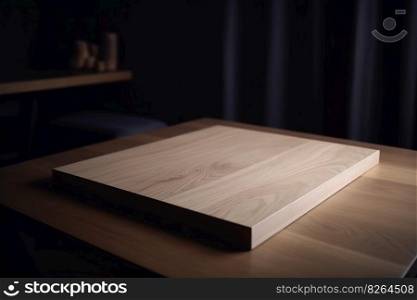 Empty wooden podium on the table at home. Copy space for your object, product, cosmetic presentation. Modern mockup. Generative AI. Empty wooden podium on the table at home. Copy space for your object, product, cosmetic presentation. Modern mockup. Generative AI.