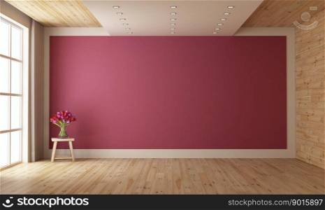 Empty wooden room with viva magenta wall on background and flowers on stool - 3d rendering. Empty wooden room with viva magenta wall on background