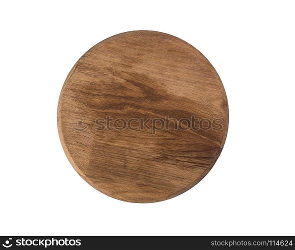 Empty wooden round old kitchen board, top view