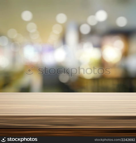 Empty wooden shelf and blurred background for product presentation