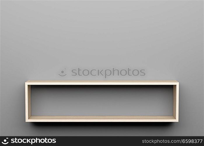 empty wooden shelves on gray wall with light from the top. 3d illustration