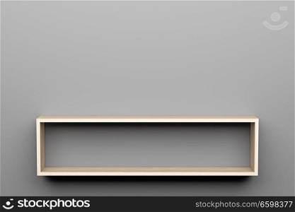 empty wooden shelves on gray wall with light from the top. 3d illustration