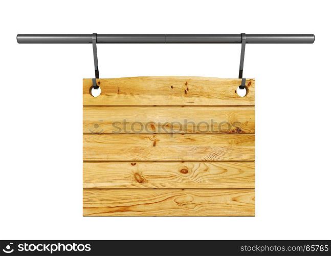 Empty wooden signboard hanging on metal bar isolated on white background, 3D rendering
