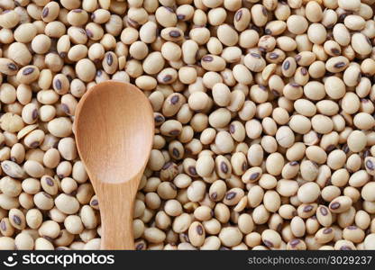 empty wooden spoon on pile soybean.. empty wooden spoon on pile soybean for design nature foods background.