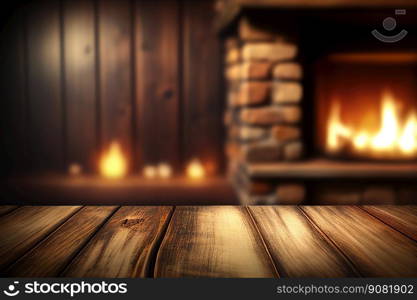 Empty wooden surface with blurred fireplace on background. Product background. Ge≠rative Ai ima≥. Empty wooden surface with blurred fireplace on background. Product background for monta≥