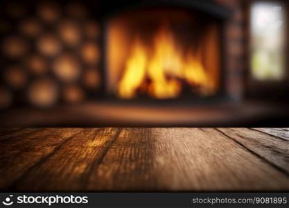 Empty wooden surface with blurred fireplace on background. Product background. Generative Ai image. Empty wooden surface with blurred fireplace on background. Product background for montage