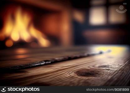 Empty wooden surface with blurred fireplace on background. Product background. Generative Ai image. Empty wooden surface with blurred fireplace on background. Product background for montage