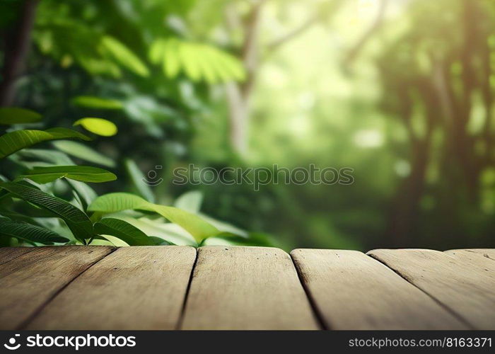 Empty wooden surface with blurred rainforest on background. Product background. Ge≠rative Ai ima≥. Empty wooden surface with blurred rainforest on background. Product background