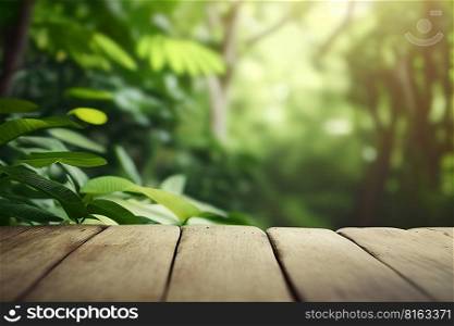 Empty wooden surface with blurred rainforest on background. Product background. Ge≠rative Ai ima≥. Empty wooden surface with blurred rainforest on background. Product background