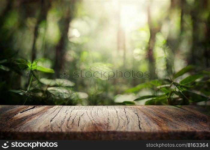 Empty wooden surface with blurred rainforest on background. Product background. Generative Ai image. Empty wooden surface with blurred rainforest on background. Product background