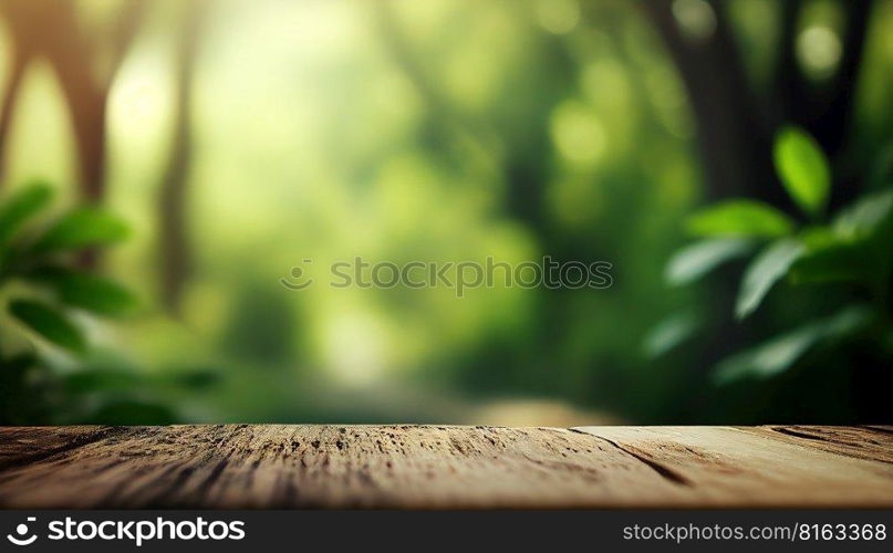 Empty wooden surface with blurred rainforest on background. Product background. Generative Ai image. Empty wooden surface with blurred rainforest on background. Product background