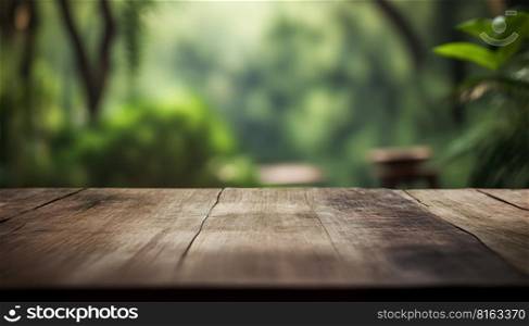 Empty wooden surface with blurred rainforest on background. Product background. Generative Ai image. Empty wooden surface with blurred rainforest on background. Product background