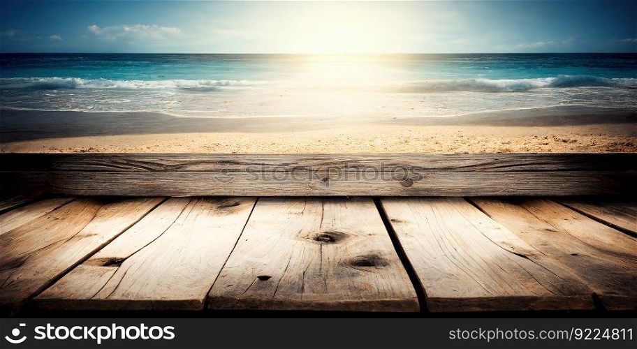 Empty wooden surface with blurres sea background. Generative Ai image for montage. Empty wooden surface with blurres sea background