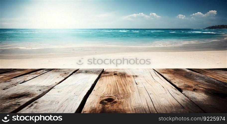 Empty wooden surface with blurres sea background. Generative Ai image for montage. Empty wooden surface with blurres sea background