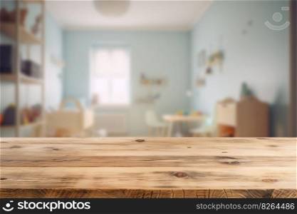 Empty wooden tab≤top and blurred kids room∫erior on the background. Copy space for your object,∏uct, toy presentation. Ge≠rative AI. Empty wooden tab≤top and blurred kids room∫erior on the background. Copy space for your object,∏uct, toy presentation. Ge≠rative AI.