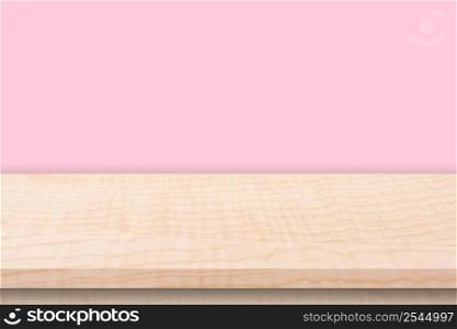 Empty wooden table and pink wall background texture, display montage with copy space.