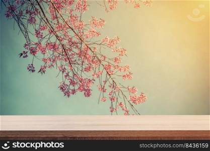 Empty wooden table for product placement or montage and pink blossom with vintage toned.
