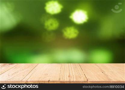 Empty wooden table in front of abstract blurred background of bokeh light . can be used for display or montage your products.Mock up for display of product
