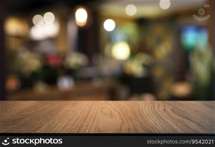 Empty wooden table in front of abstract blurred background of coffee shop . wood table in front can be used for display or montage your products.Mock up for display of product
