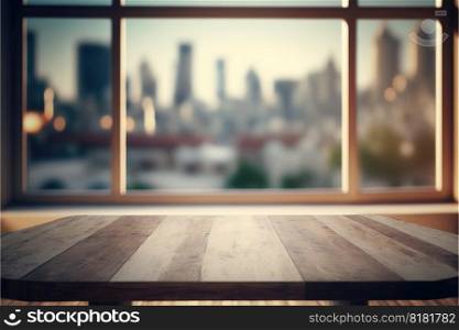 Empty wooden table in front of blurry background overlooking through large window. Concept of outside warm light skyscraper view. Finest generative AI.. Empty wooden table in front of blurry overlooking through large window