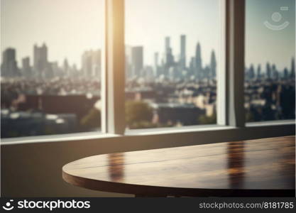 Empty wooden table in front of blurry background overlooking through large window. Concept of outside warm light skyscraper view. Finest generative AI.. Empty wooden table in front of blurry overlooking through large window