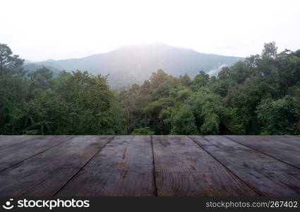 Empty wooden table in front of green nature and mountain background. For montage product display or design key visual layout - Image