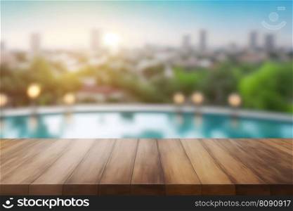 Empty wooden table in front with blurred background of swimming pool. Neural network AI generated art. Empty wooden table in front with blurred background of swimming pool. Neural network AI generated