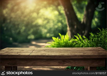 Empty wooden table in natural green garden outdoor. Product placement with sunday light. Finest generative AI.. Empty wooden table in natural green garden outdoor.