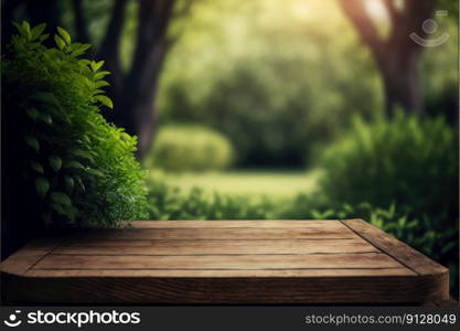 Empty wooden table in natural green garden outdoor. Product placement with sunday light. Finest generative AI.. Empty wooden table in natural green garden outdoor.