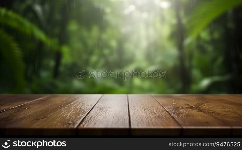 Empty wooden table in the rainy tropical forest wilderness