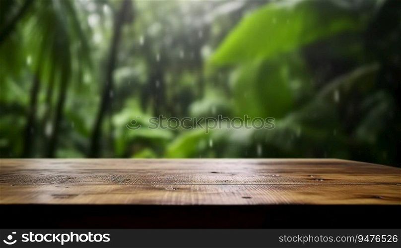 Empty wooden table in the rainy tropical forest wilderness