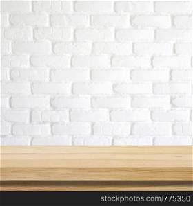 Empty wooden table over white brick wall background, template, product display montage