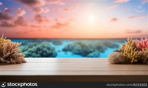 Empty wooden table sea. Summer nature. Generate Ai. Empty wooden table sea. Generate Ai
