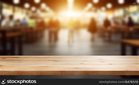 Empty wooden table, space platform, and blurry defocused background