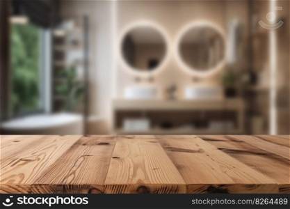 Empty wooden table top and blurred bathroom interior on the background. Copy space for your object, product, cosmetic presentation. Display, promotion, advertising. Generative AI. Empty wooden table top and blurred bathroom interior on the background. Copy space for your object, product, cosmetic presentation. Display, promotion, advertising. Generative AI.