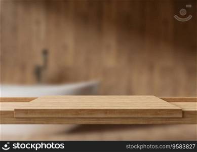 Empty wooden table top and blurred bathroom interior on the background. Copy space for your object, product, cosmetic presentation. Display, promotion, advertising. 3D Rendering. Empty wooden table top and blurred bathroom interior on the background. Copy space for your object, product, cosmetic presentation. Display, promotion, advertising. 3D Rendering.
